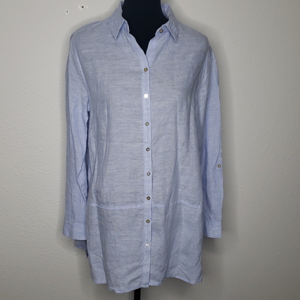 Tahari Essentials 100% Linen Button Up Tunic Top Size M Blue Coastal Nautical